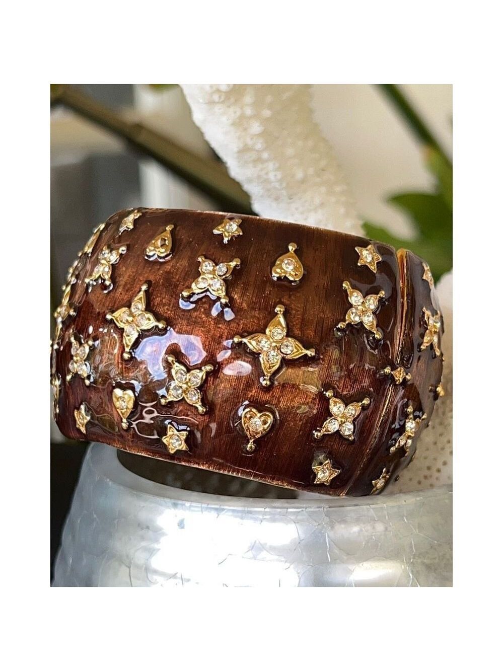 Bronze Enamel Gold & Crystal Kenneth Jay Lane Hearts & Star Bangle Bracelet